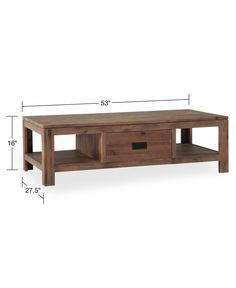 the coffee table has two drawers on each side and one drawer is open, with measurements for