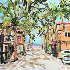 a painting of palm trees and buildings on the beach