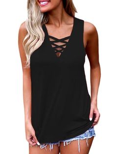 Sleeveless Criss Cross Tank Top - Black - 5I47470516 - Women's Clothing, Women's Tops & T-Shirts  #WomensTopsTShirts #Women's #Clothing # #Women's #Tops #& #TShirts White Leather Jacket Outfit, Lace Up Blouse, Womens Tank Tops Summer, Criss Cross Tank Top, White Leather Jacket, Basic Blouses, Womens Tops Dressy, Solid Tank Tops, Women Fashion Edgy