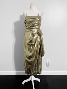 Rare find In very good condition. Side floral apllique Hidden side zip bust is near 32 in waist near 26 in length near 46 in  light weight Gold Lame Dress, Lame Dress, Gold Lame, Cocktail Party Dress, Dress Clothes For Women, Cocktail Party, Side Zip, Party Dress, Dress Outfits