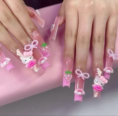 Acrylic Nails Coffin 3d Design, Sanrio Nails Acrylic, Long Nails Design, Melody Anime, Anime Y2k, Long Nail Designs