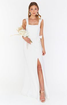 Paris Gown ~ White Stretch – Show Me Your Mumu Cute Prom Dresses Long, White Grad Dress, Paris Gown, White Floor Length Dress, Column Wedding Gown, Sleek Wedding, White Tight Dresses, Cotillion Dresses, Graduation Dresses Long