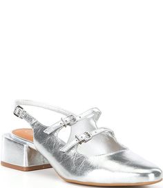 From Chelsea & Violet&#x2C; the Ruthie Metallic Leather Slingback Mary Janes feature:Metallic leather upperDouble buckled mary jane strapsSlingback strap with adjustable buckle closureSynthetic liningRubber outsoleApprox. 1.57" heel heightImported. Shoe Inspo, Shoes Heels Pumps, Dillard's, Event Dresses, Metallic Leather, Mary Janes, Wardrobe Staples, Chelsea, Heel Height