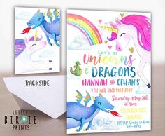 the unicorns and dragon birthday party is set up with envelope, card and pen