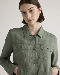 A classic cut, but with a fun twist, our European linen jacket is perfect for days you’re looking to shake things up. And since it’s made using an eco-friendly fiber that requires less water, fertilizers and irrigation, you’ll feel great about wearing it too.  | Quince | Women's 100% European Linen Jacket in Light Cargo, Size Medium Casual Linen Utility Jacket For Spring, Fitted Casual Utility Jacket For Everyday, Classic Green Utility Jacket For Spring, Boyfriend Cardigan, Natural Textiles, Linen Jacket, European Linens, Fabric Structure, Linen Clothes