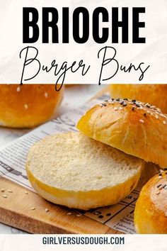 bread rolls stacked on top of each other with the words brioche burger buns