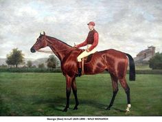 a painting of a man riding on the back of a brown horse in a field