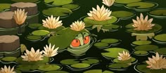 an image of a frog in the water surrounded by lily pads