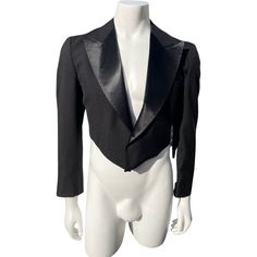 Vintage 70s Black Tuxedo Cropped Jacket By Alexanders - Thrilling Classic Cropped Jacket For Evening, Classic Cropped Formal Outerwear, Fitted Tuxedo Blazer For Evening, Formal Tailored Cropped Jacket, Black Cropped Jacket With Suit Collar For Formal Occasions, Tailored Cropped Jacket For Formal Occasions, Tuxedo Style Long Sleeve Outerwear For Black-tie Events, Fitted Tuxedo Style Outerwear, Tailored Cropped Jacket With Notch Lapel For Evening