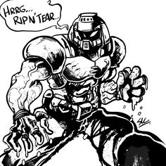 a black and white drawing of a robot with a speech bubble saying rip n tear