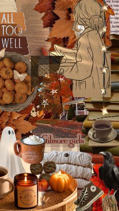 a collage of autumn items including pumpkins, candles and books with the words fall too well written on them