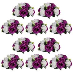 purple and white flowers are arranged in the shape of a bouquet on a white background