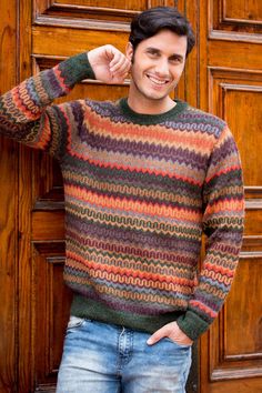 Precisely knitted motifs distinguish this handsome men's sweater from Peru's Fernando Cano. Working in luxurious alpaca wool, he creates a design of intricate geometry in shades of orange, beige, grey and red with forest green accents. Hippie Sweater, Dc Fashion, Sweater Patterns, Matching Sweaters, Warm Dresses, Alpaca Sweater, Green Accents, Men's Knit, Vintage Casual