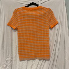 Nwt Orange And Beige Knit Sweater - Lightweight. Cute! Orange Knit V-neck Top, Orange V-neck Knit Top, Orange Crew Neck Top For Layering, Striped Knitted Tops For Layering, Orange Ribbed Crew Neck Top, Fitted Knitted Orange Top, Fitted Orange Knitted Tops, Striped Knitted Crew Neck Tops, Casual Orange Ribbed Top