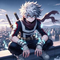 an anime character sitting on top of a building with lightning coming out of his hands