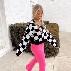 Relaxed fit v-neck long sleeve 100% Acrylic Size and Fit: Model wearing size Medium Checkered Sweater Outfit, Checkered Outfit, Checkered Sweater, Expensive Clothes, Black Checkered, Sweater Outfit, Fire Fits, White Outfits, Printed Sweater