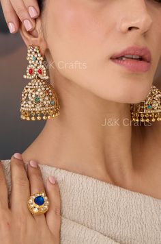 Revamp your traditional look with our Leen earrings, adorned with stunning kundan and encrusted with a variety of vibrant natural stones. Accented with dangling golden beads, these earrings will undoubtedly make you the focal point of any occasion in a chic and stylish manner! Closure - Push Back Weight - 91gm (pair) Jadau Jhumka, Golden Beads, Oversized Earrings, Jewelry Bridal, Jhumka Earrings, Hyderabad, Focal Point, Bridal Jewelry, Jewelry Earrings Dangle