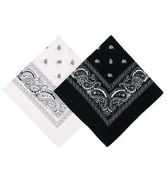 two black and white bandannas with paisley designs on the front, one is folded in