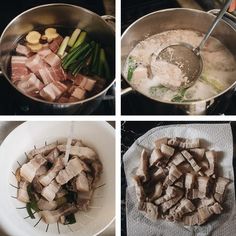 four pictures showing different stages of cooking meats and vegetables in a pot on the stove