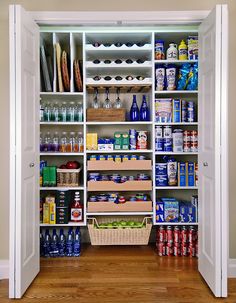 an open pantry with lots of food and drinks