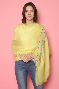 Lemon yellow pashmina stole with multicolor bead, sequin embroidery abstract geometric pattern on border and frayed hem.
Type: Embroidered
Composition: 100% Pashmina
Color: Yellow
Other Details: 
Dimensions: L x W (in cms): 200 x 70
Product weight (in gms): 250
Note: Only the yellow stole worn by the model is being sold - Aza Fashions Stoles And Scarves, Embroidery Abstract, Jayanti Reddy, Rohit Bal, Stole Scarf, Tarun Tahiliani, Sequin Embroidery, Abstract Geometric Pattern, Sequins Embroidery