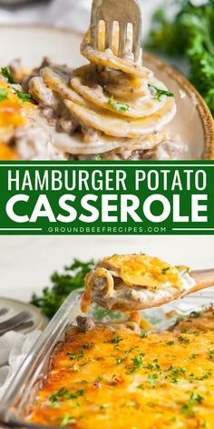 A simple casserole recipe with ground beef and potatoes! Complete with a cheesy cream sauce, every bite of this layered hamburger potato casserole is hearty and flavorful. You can even make this easy family dinner ahead! Simple Dinner Ideas With Hamburger Meat, Scalloped Potato Casserole Ground Beef, Easy Recipe With Hamburger Meat, Hamburger With Potatoes Recipes, Ground Hamburger And Potato Recipes, Potato Hamburger Recipes, Potato Hamburger Casserole, Ground Beef And Potato Recipes, Layered Potato Casserole