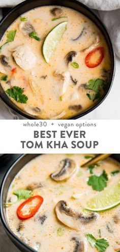 two pictures with different types of food in them and the words best ever tom kha soup