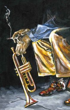 a painting of a man with a trumpet in his hand and shoes on the ground