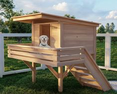 a dog sitting in a wooden kennel on the grass