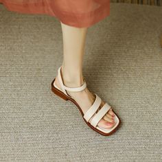 Olivia Mark - Premium Genuine Leather White Peep Toe Flat Sandals with Low Heel Square Head, Olivia Mark, Beige Color, Low Heels, Flat Sandals, Genuine Leather, Sandals, Square, Heels