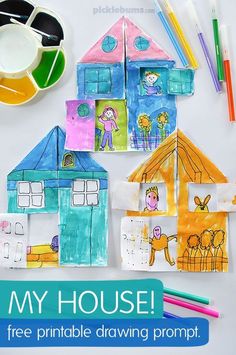 My House drawing prompt - download this free printable and draw your house, with you in it! Family Theme, Drawing Prompt, House Drawing, Therapy Ideas, Paper Houses, Lesson Ideas, Preschool Art, Elementary Art, Draw Your