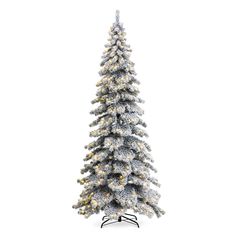 a white christmas tree with snow on the top and lights in the bottom, against a white background