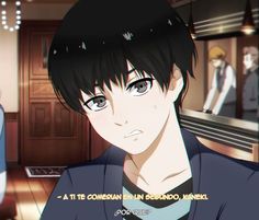 an anime character with black hair and blue eyes looking at the camera while another person stands behind him