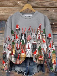 Olivia Mark - Christmas Digital Dog Print Round Neck Oversized Sweater with Long Sleeves Casual Christmas Holiday Outerwear, Christmas Dogs, Women Hoodies Sweatshirts, Print Sweatshirt, Dog Print, Picture Size, Oversized Sweater, Casual Hoodie, Christmas Sweatshirts