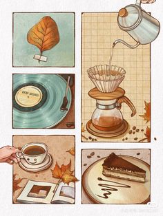 four different pictures with coffee, cake and leaves