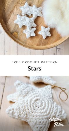 crochet star ornament on a wooden plate with text overlay that says free crochet pattern stars