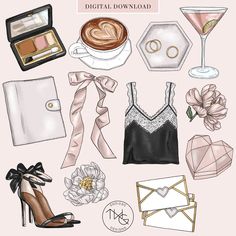 an illustrated set of women's clothing, jewelry and accessories on a pink background