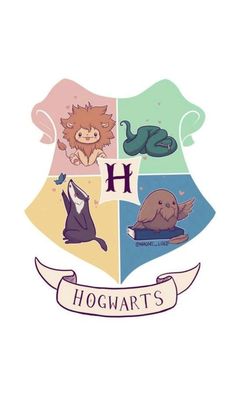 the hogwart's crest is shown in four different colors and shapes, with an animal