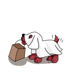 a white dog with red shoes and a brown bag