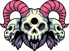 three skulls with horns on their heads are shown in this graphic art style illustration by person