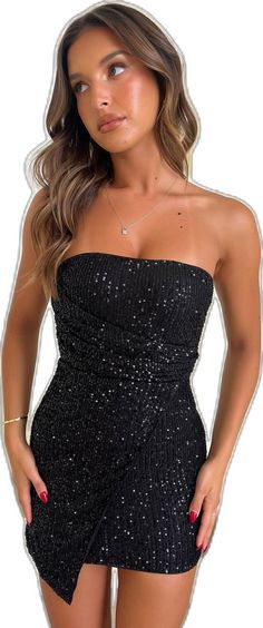 Strapless Sequin Maxi Dress For Prom, Strapless Sequin Mini Dress For Prom, Glamorous Strapless Sequin Mini Dress, Strapless Contrast Sequin Night Out Dress, Strapless Mini Dress With Contrast Sequin For Prom, Chic Cocktail Bodycon Dress With Contrast Sequin, Sequin Strapless Dress For Prom, Chic Contrast Sequin Bodycon Evening Dress, Chic Contrast Sequin Bodycon Dress For Evening