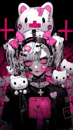 an anime character with pink eyes and cat ears on her head is surrounded by hello kitty dolls