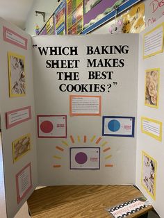 a display in a store with pictures and words on it that say, which baking sheet makes the best cookies?