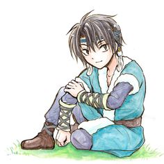 an anime character sitting on the ground with his arms crossed and legs crossed, in front of