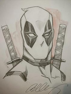 a drawing of a man with two knives in his hand and the words deadpool on it