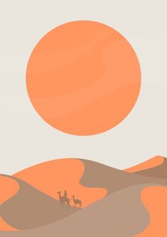 two people riding camels across a desert under a large orange sun