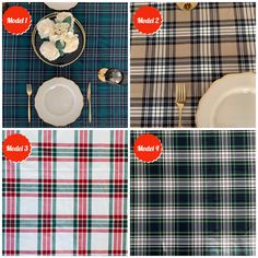 there are four different plaid patterns on the table cloths, and each has a plate with flowers in it