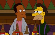 the simpsons is talking to his friend about some beer and he's holding two bottles