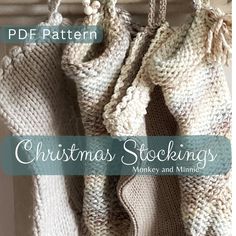 knitted christmas stockings hanging from hooks with text overlay