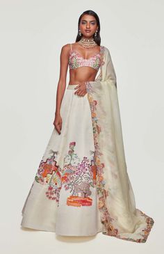 Aisha Rao-Ivory Appliqué And Embellished Lehenga Set-INDIASPOPUP.COM Luxury Fitted Fusion Lehenga, Unstitched Luxury Art Silk Choli, Luxury Organza Lehenga With Floral Embellishments, Luxury Lehenga For Transitional Season, Luxury Fusion Style Designer Lehenga, Patchwork Lehenga, Aisha Rao, Lehenga With Blouse, Sheer Dupatta